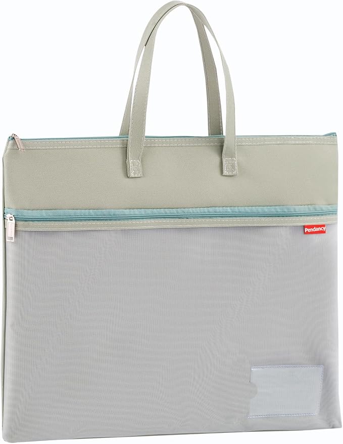 Pendancy Mesh Zipper Pouch A4 Size, Large Double Pocket Waterproof File Bag with Handle, 11x13.8 in Foldable Document Storage for Puzzle Project/Cross Stitch/Travel/Office（Advanced Green）