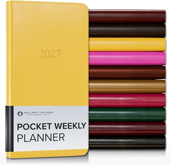 Gallery Leather Pocket Weekly Monthly Planner 2027, Elegantly Bound Calendar Planner and Notebook with Stylish Gold-Gilded Page Edges, 12 Months - Caribbean Yellow - 6x3.25"
