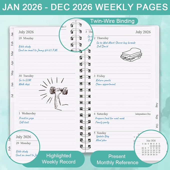 2026 Pocket Planner/Calendar - A6 Weekly & Monthly Organizer Notebook & Journal to Track Goals, Easy to Organize Your Daily Life, Medium 3.75" x 6.75", Teal