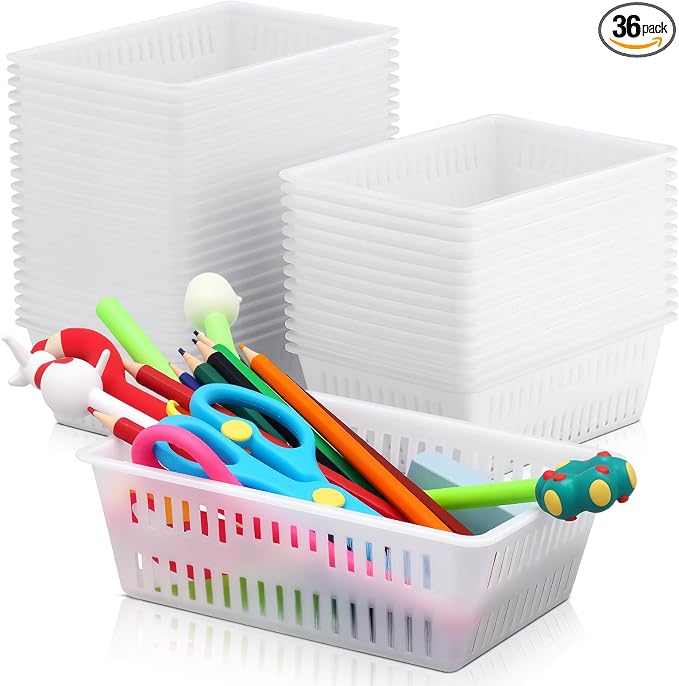 Sherr 36 Pack Classroom Storage Basket Small Plastic Basket for Organizing Crayon Pencil Container Storage Bin Tray Holder for Paper Shelf Back to School Office Supply 6.1" l x 4.3" w x 2.4" h(White)