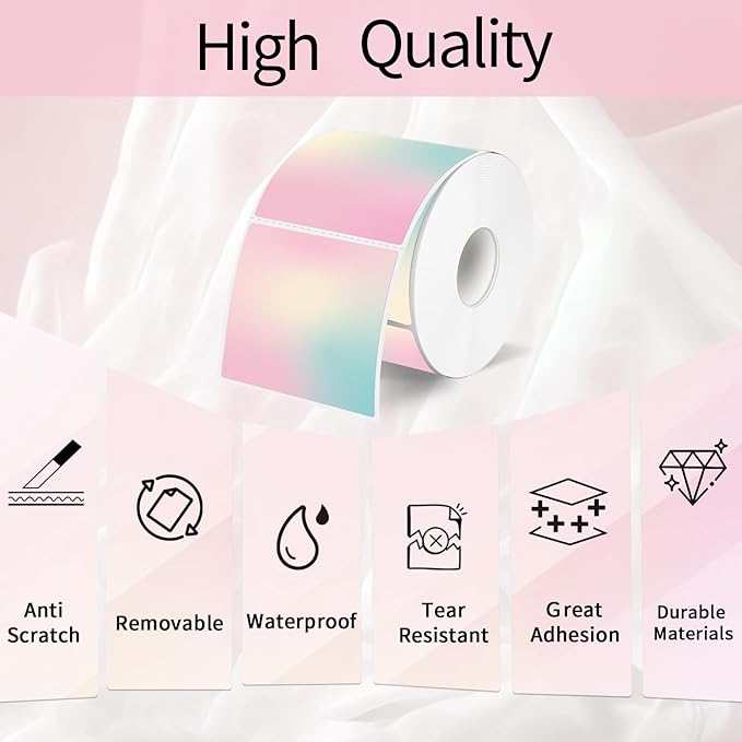 2x2 Inch Square Thermal Sticker Labels, Self-Adhesive Pink Square Direct Thermal Labels, Waterproof/Tearproof/Perforation Line Design- Gradient Color