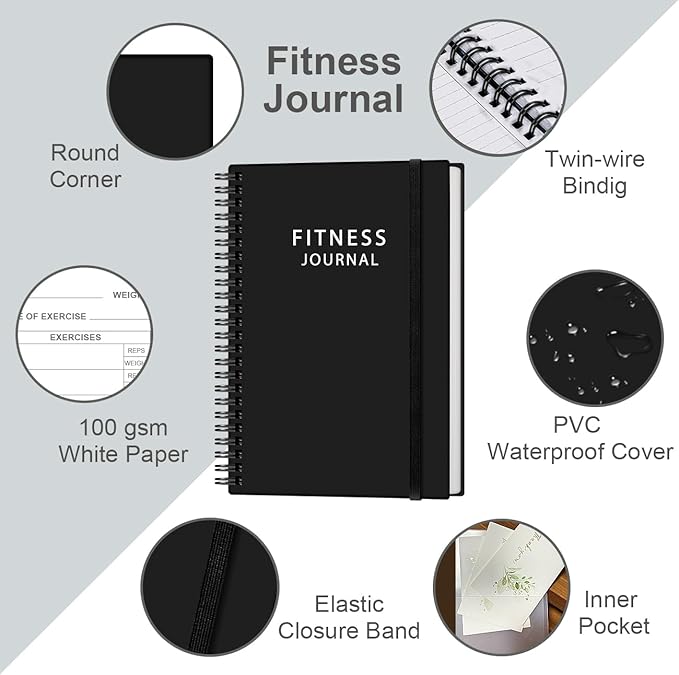 Fitness Journal for Women & Men - A5 Workout Journal/Planner Daily Exercise Log Book to Weight Loss, Gym, Muscle Gain, Bodybuilding Progress - Daily Personal Health & Wellness Tracker, Spiral-Bound, 5.8" x 8.3", Deep Black