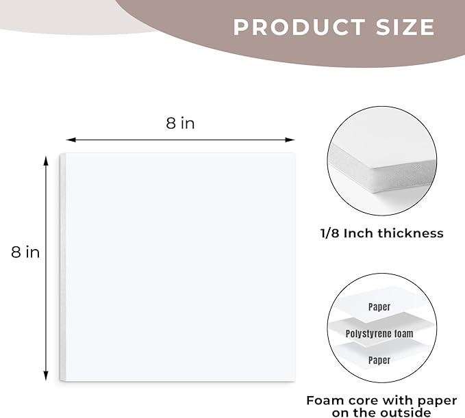 AUEAR, 12 Pack 8x8 White Foam Boards 1/8" Thickness Foam Core Boards for Presentation Board for School Crafts Office Art Projects Display, Mounting, Print