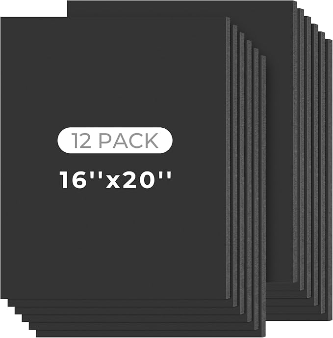 Mat Board Center, 12 Pack 16x20 Black Foam Boards, Acid Free Foam Core Board, 1/8 inch Thick