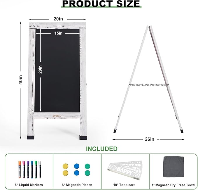 Large Sandwich A-Frame Chalkboard Sign - 40 x 20 Inches Magnetic Wooden Chalk Board for Sidewalk, Stand up Double-Sided Outdoor Easel Display for Restaurant Cafe Shop Wedding Party or Business（White）