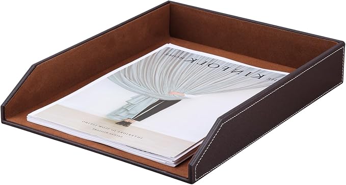 KINGFOM Letter Tray, PU Leather Paper Organizer Tray for Desk, Paper Organizer Storage Holder for Office Home or School A4 Size Brown