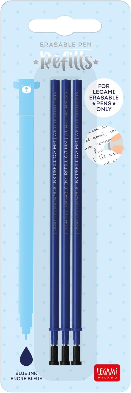 Legami - Refill for Erasable Gel Pen, Set of 3, Height 13 cm, Blue Thermosensitive Ink, 0.7 mm Tip