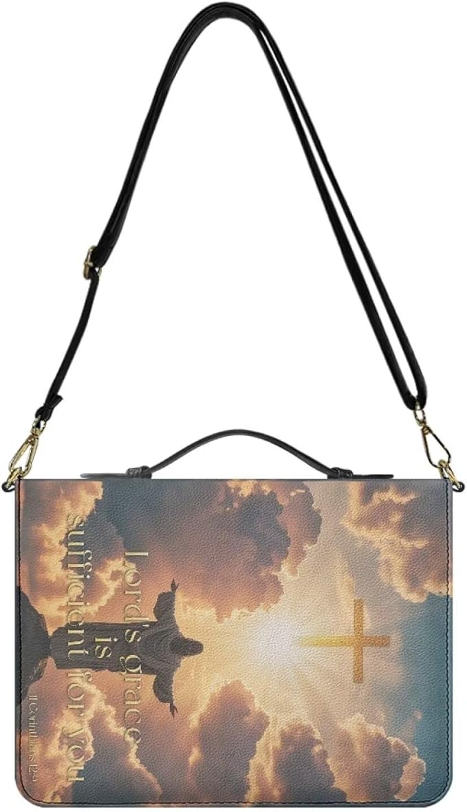 Large PU Leather Bible Cover for Men, Mens Bible Case with Strap and Handle, II Corinthians 12:9 Crucifix Print Biblia Carrier with Inner Pockets and Pen Loop, Christian Gifts for Men, Gold