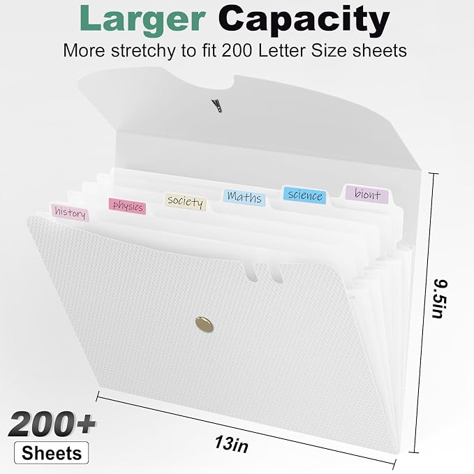 Sooez 7 Pocket Accordion File Organizer, Premium Expanding File Folder, Letter Size Folders for Documents, Sleek Filing Folders with Bungee Closure, Portable Folders for School Office Supplies, White