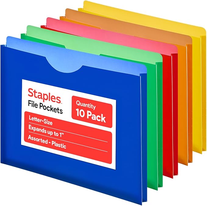 Staples Poly Expanding File Jackets, Letter Size, Moisture‑Resistant Durable Poly Folders, Assorted Colors – 10/Pack