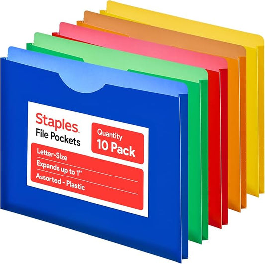 Staples Poly Expanding File Jackets, Letter Size, Moisture‑Resistant Durable Poly Folders, Assorted Colors – 10/Pack