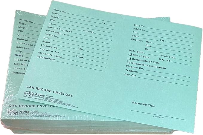 A Plus Car Record Envelope #19 Vehicle Dealer Jackets, 100 Quantity, Green (P17)