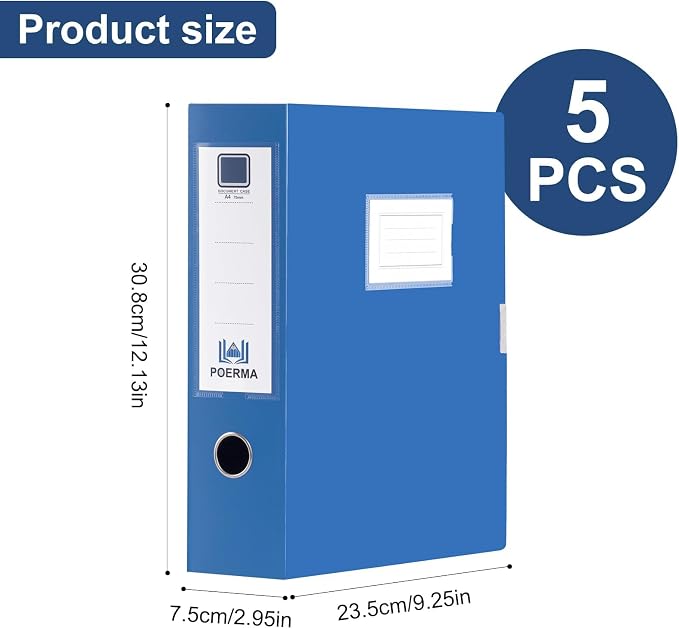Storage File Boxes A4, 5 Pack Foldable Plastic Archives Cases with Lid, 30.8 x 23.5 x 7.5cm, Document File Folder Organizer Storage Filing Box for Office School, Blue