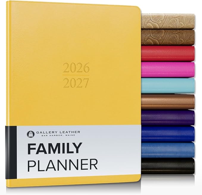 Gallery Leather Family Planner 2027, for moms, Elegantly Bound Calendar Planner and Notebook with Stylish White Page Edges, 18 Months - Caribbean Yellow - 9x7"