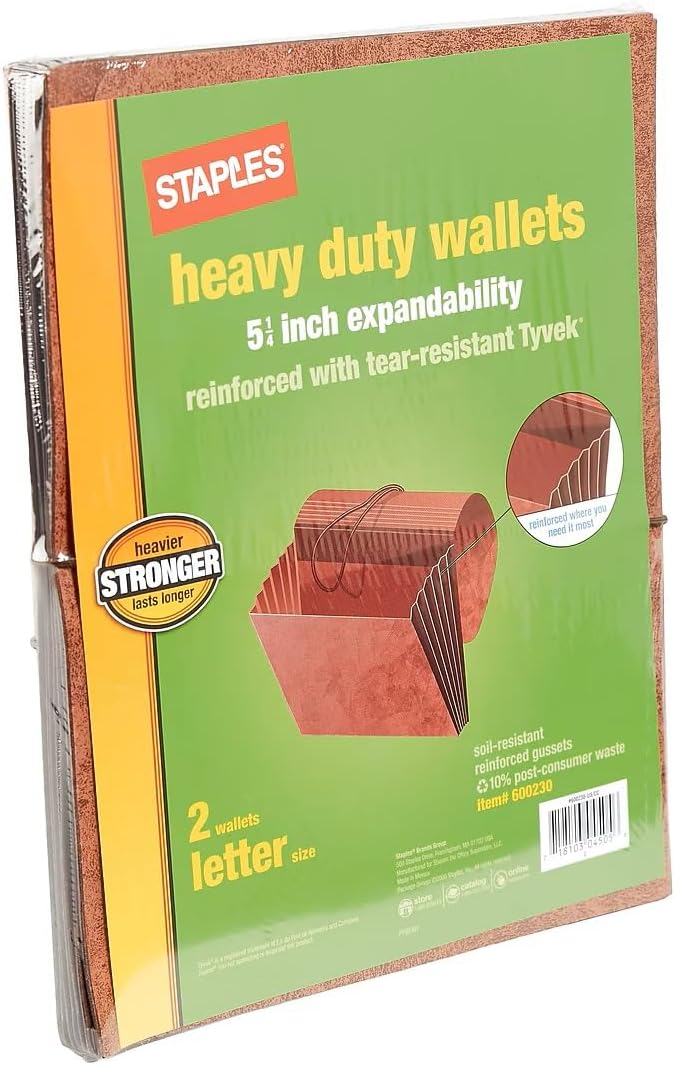Staples® Heavy-Duty Wallet with Fully Lined Tyvek Gussets, 5 1/4" Expansion, Letter Size, Brown, 2/Pack