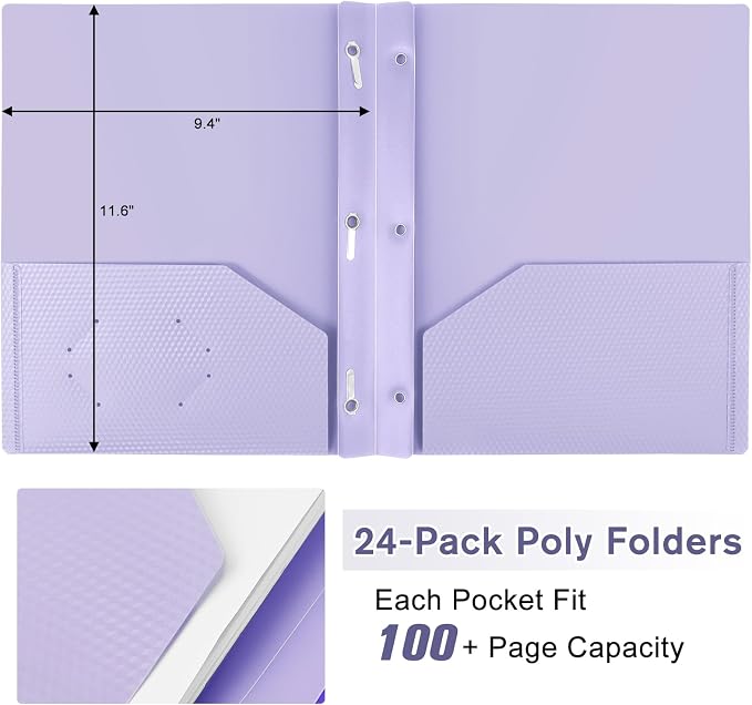 24-Pack Plastic andPockets and Prongs,2-Pocket and3 Fasteners, Pastel Folders Holds 8-1/2" x 11" Paper for School/Office/Home, Purple