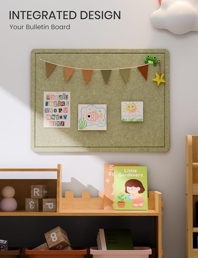 Fluxynara Bulletin Board, 23.6" x 17.5" Cork Board Alternative with 12 Safe Removable Adhesive Tabs, Foldable Felt Pin Board for Home Office, Classroom, Bedroom,Entryway for Walls—Olive Green
