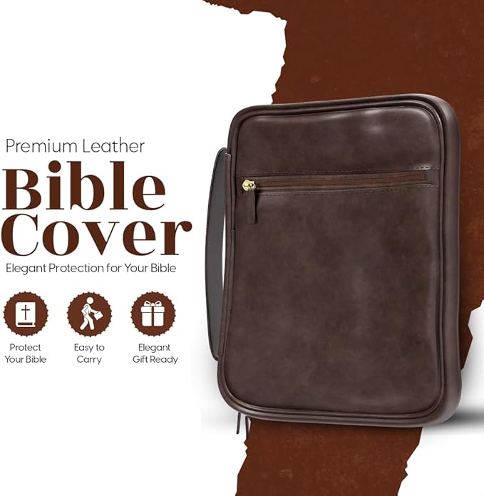 Leather Bible Cover Case - Premium Bible Cover for Men Featuring Soft Suede Lining & Multiple Pockets - Secure Carry Handle & Bookmark Ribbon - Essential Mens Bible Case for Daily Devotion