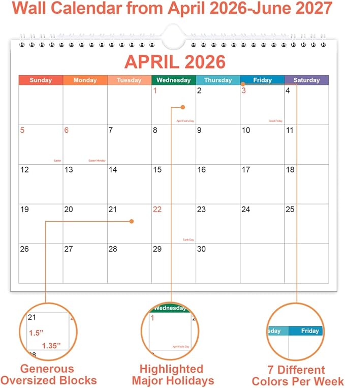 Calendar 2026-2027, Wall Calendar 2026-2027 from April 2026 - June 2027, 15 Months Calendar with Premium Paper, Twin-Wire Binding & Hanging Hook, 8.5" x 11", Colorful