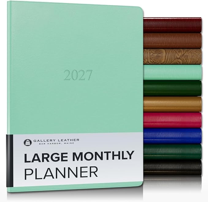Gallery Leather Large Monthly Planner 2027, Elegantly Bound Calendar Planner and Notebook with Stylish Gold-Gilded Page Edges, 18 Months - Caribbean Sea Glass - 9.75x7.5"