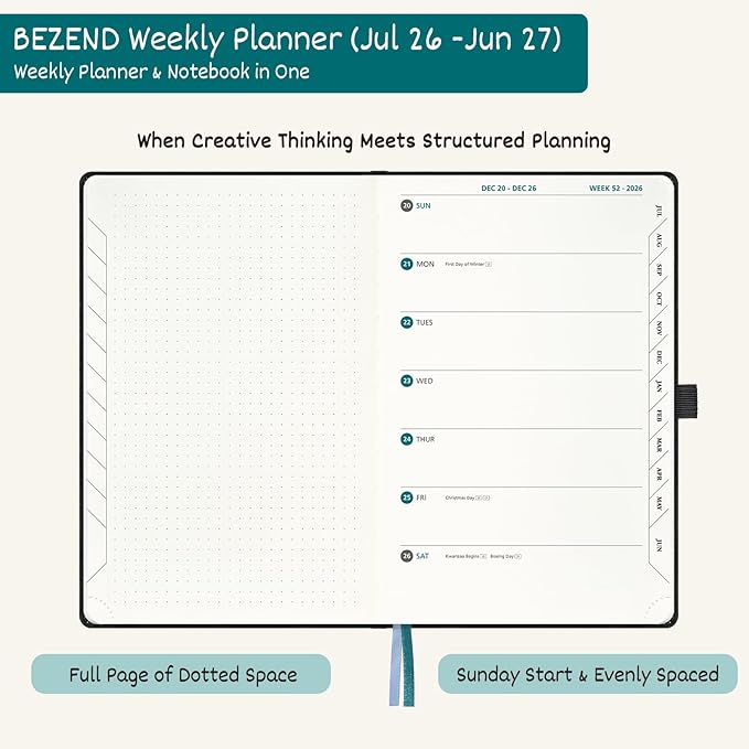 BEZEND Weekly Planner 2026 2027 Dot‑Grid Journal in One (5.5" x 8.5") 12 Month Academic Calendar with Tabs (Jul.26-Jun.27) for Student/School, 100gsm Thick Paper, PU Leather Hardcover - Black