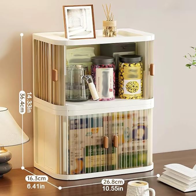 Desktop Storage Box, Foldable and Assembly-Free, Sliding Door Design, Ideal for Cosmetics Organization, Office Desk Storage, and Kitchen Storage