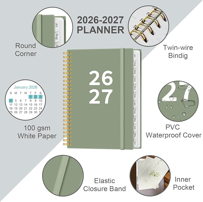 2026-2027 Planner - Planner 2026-2027 from July 2026 - June 2027, Weekly & Monthly Planner Spiral Bound with 12 Monthly Tabs, Inner Pocket, 6.4" x 8.5", Green-A