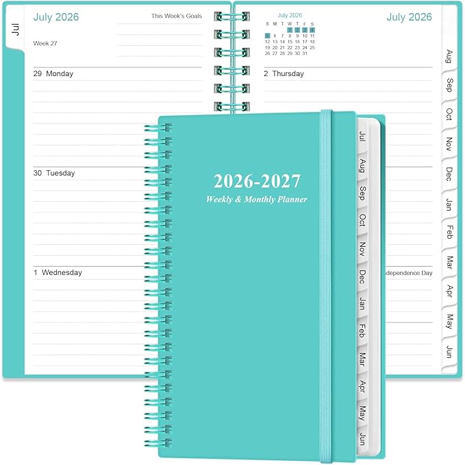 2026-2027 Pocket Planner/Calendar - 2026-2027 Planner from July 2026 - June 2027, Planner 26-27 with 12 Tabs, Twin-Wire Binding, Inner Pocket, 3.75" x 6.75, Teal