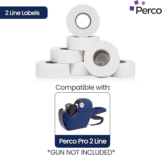 Perco 2 Line Removable Adhesive Labels - 8 Rolls, 1 Sleeve, 6,000 Blank Price and Date Gun Labels for Perco 2 Line Price and Date Guns - Made in USA