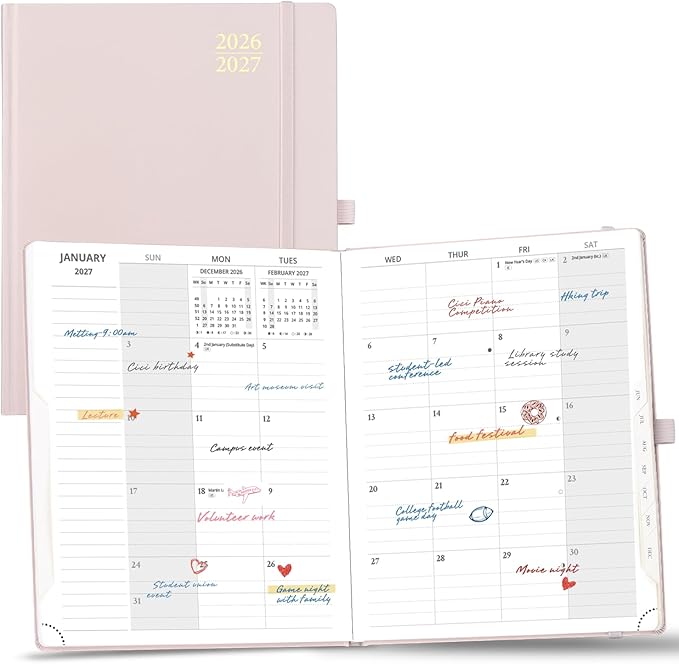 POPRUN Monthly Planner 2026-2027, Large Size-8.5" x 10.5", 18 Month Calendar Book (Jul 2026 - Dec 2027), Academic Calendar Planner with Tabs, Inner Pocket, Hard Cover, 100GSM Paper - Light Pink