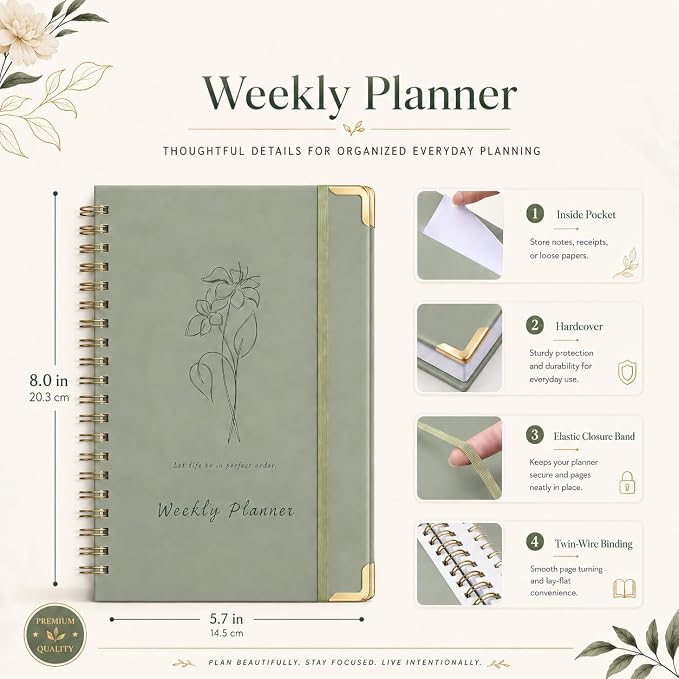 Undated Hardcover Weekly Planner with Metal Corner, 6 x 8 Inch Productivity Organizer Journal with To Do List, Habit Tracker,Weekly Goals & Organize Pocket for ADHD,School, Office, Home ,Gifts, Spiral Bindding ,Green
