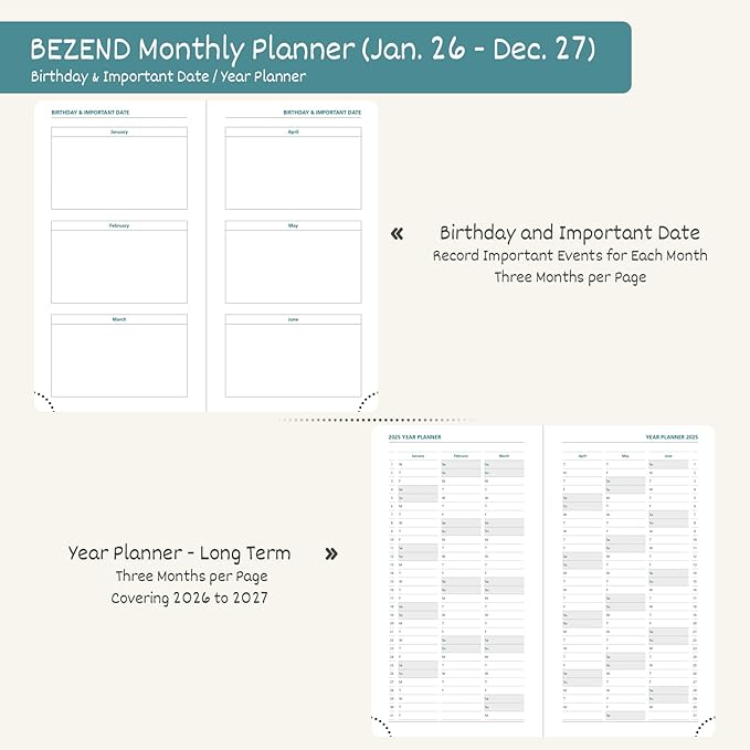 BEZEND Pocket Monthly Planner 2026-2027 (3.5" x 6.5") 2 Year Calendar Book for Purse with Note Pages, 100 GSM Paper, Inner Pocket, Pen Holder, Vegan Leather Hardcover in Kiwi