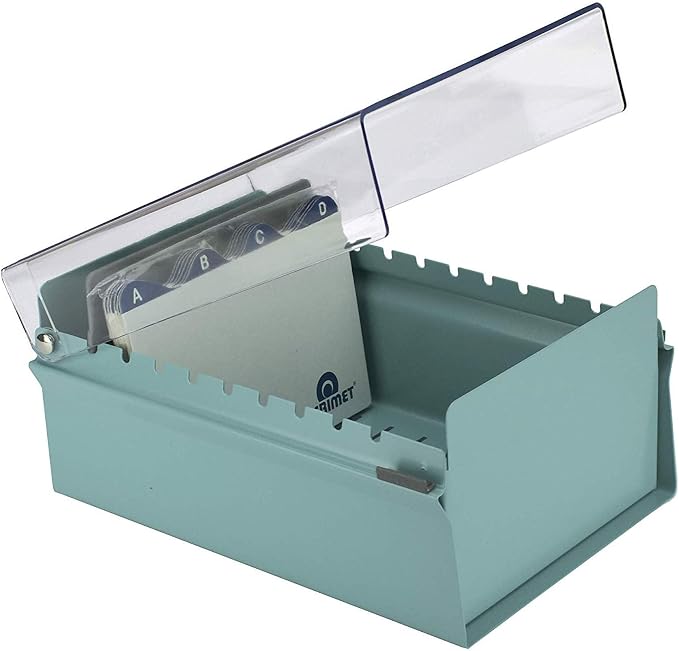 Acrimet 4 x 6 Card File Holder Organizer Box Metal Base Heavy Duty (AZ Index Cards and Divider Included) (Green Color with Clear Crystal Plastic Lid Cover)