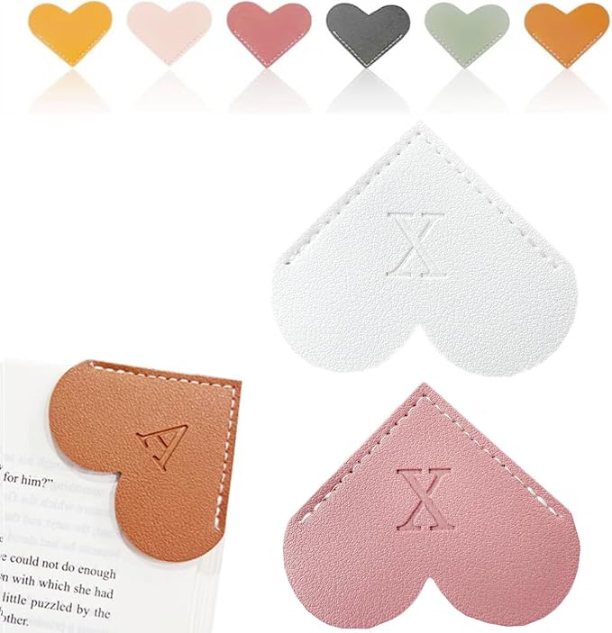 Personalized Leather Heart Bookmark, 26 Letters Customized Corner Book Mark for Reading Women, Book Marker with Initials，Cute Gifts (White+Deep Pink, X)
