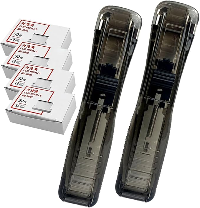 INOOMP Creative Non-Marking Desktop Stapler and Portable Document Binding Tool 200pcs Refill Clips, Office Paper Clamp for Study and File Organization
