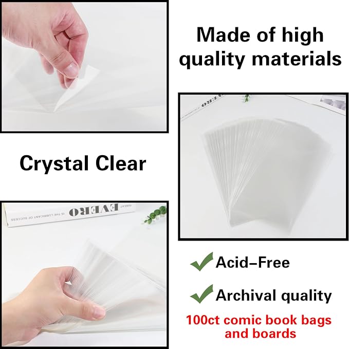 100ct Current Comic Book Bags and Boards-Reusable Boards,Bags 4.7 Mil Acid-Free Crystal Clear，100 Comic Book Sleeves and 100 Thick Comic Book Boards，Archival Quality，Applicable to Most Comic Books