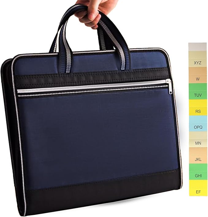 Canvas Accordion File Organizer, Waterproof Expanding Files Organizer with Color Labels,13 Pockets Accordian File Organizer with Handle(Prussian Blue)