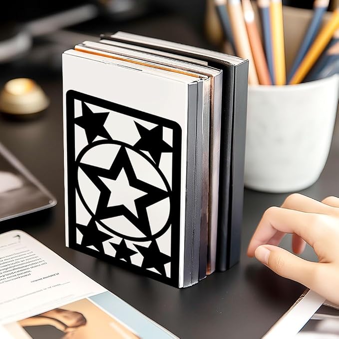 Star Metal Bookends for Shelves Decorative Books for Desk Organizer, Tall Sturdy Metal Book Ends for Heavy Books, Book Shelf Book Holder for Office Library Decor and Home Decor