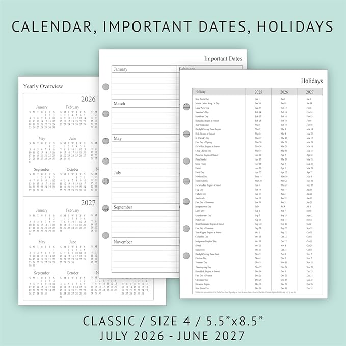 newestor 2026-2027 Planner Refill for Mini Binder, Weekly & Monthly, July 2026 - June 2027, 5-1/2" x 8-1/2", Desk Size 4, 7 Holes