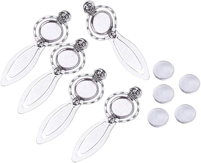 FASHEWELRY 20Pcs Antique Silver Bookmark Pendant Tray Kit Include 10Pcs 18mm Skull Head Round Blank Bezel Base Setting Charms with 10Pcs Clear Glass Dome Tiles Cabochons