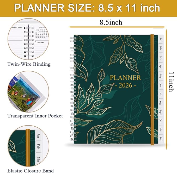 2026 Planner - Planner 2026 from January 2026 - December 2026, Monthly and Weekly Calender with 12 Tabs, 8.5" x 11", Green Leaf