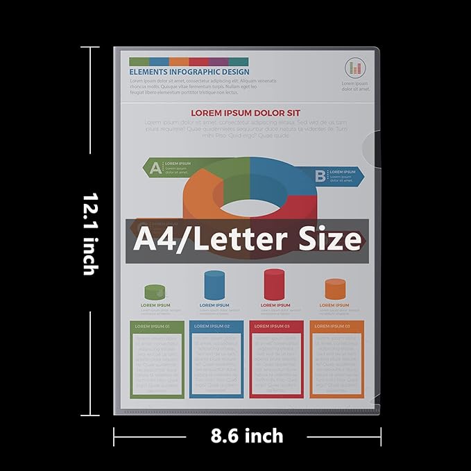 100 Pcs Clear Document Folder Project Pocket for US Letter / A4 Size - Transparent L-Type Plastic Folder
