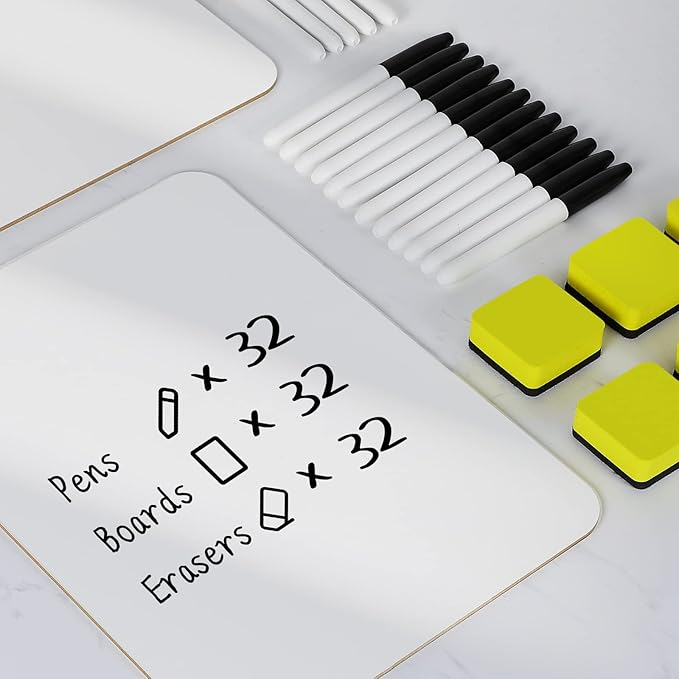 Dry Erase Lapboards, HERKKA 32 Pack Double Sided Dry Erase Lap Boards 9 x 12.5 Inch, 32 Markers, 32 Erasers, Small Dry Erase Boards for Students Classroom Teacher Supplies