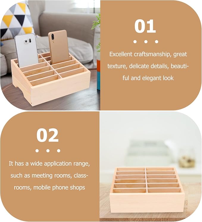 SEWACC 12-Grid Wooden Cell Phone Holder, Mobile Phones and Calculator Storage Box, Multifunctional Desktop Organizer Storage Box for Classroom Office Meeting Room Rack Display