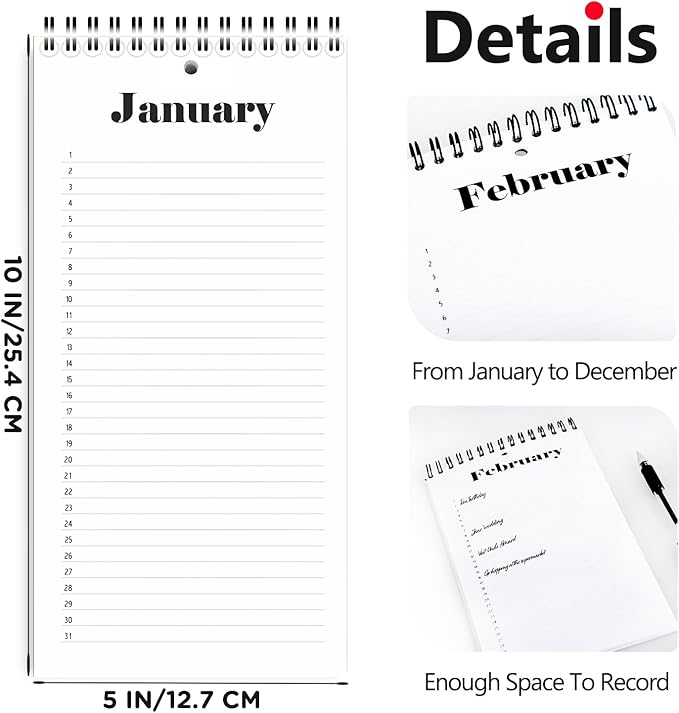 Perpetual Calendar, 5" x 10" Minimalist Special Event Reminder Calendar Book, Sprial Monthly and Daily Wall Hanging Organizer for Important Dates, Birthdays, Anniversaries (Black)