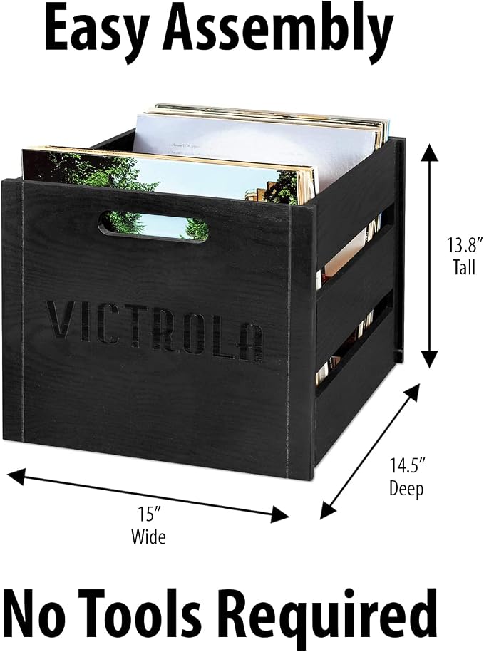 Victrola Wooden Record Crate – Tabletop Vinyl Album Holder, No-Tool Assembly, Holds Over 50 Records, Real Wood Construction, Elegant Design (Black)