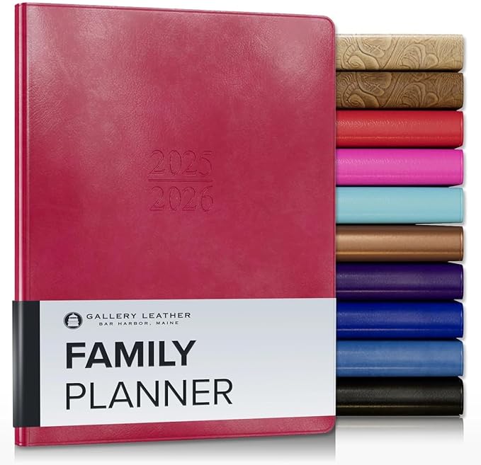 Gallery Leather Family Planner 2025-2026, for moms, Elegantly Bound Calendar Planner and Notebook with Stylish White Page Edges, 18 Months - Acadia Wild Rose - 9 x 7 "
