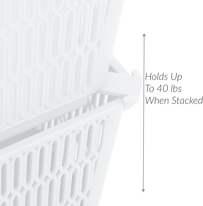 Simplify 4Pk Large Slide 2 Stack It Tote Basket | Storage & Organization | Open Bins with Stackable Capability | Bathroom | Crafts | Pantry | Playroom | Office | White (KIT-25930-WHITE-4PK)