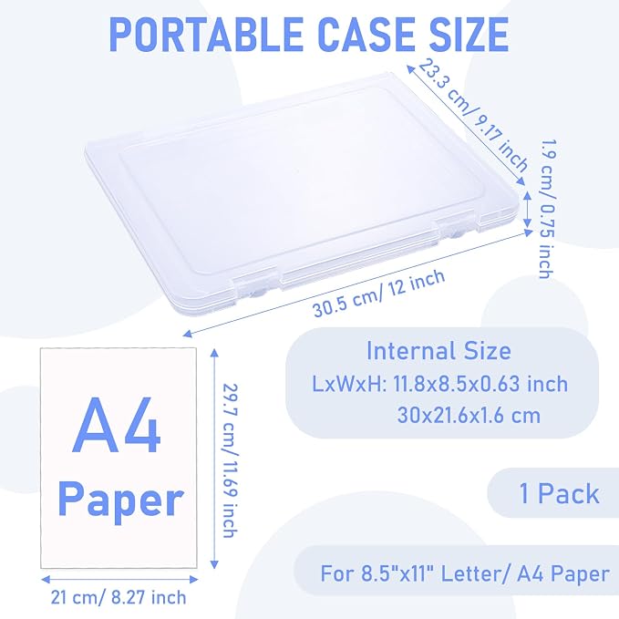 SAYEEC Portable Project Case A4 Plastic Transparent File Storage Box Paper Slim Photo Art Craft Storage Container Scrapbook Document Organizer Magazine Protector for Office School (1 Pack)