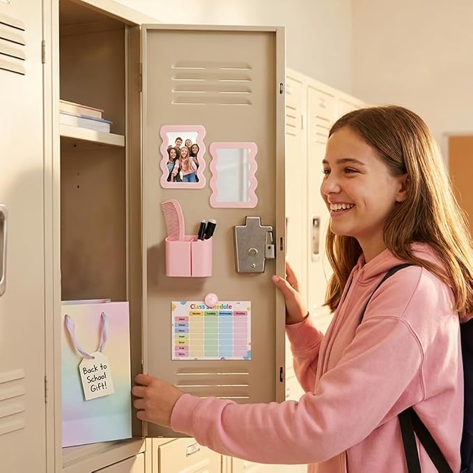 Locker Accessories Kit for Girls, Magnetic Locker Accessories with Mirror, Whiteboard, Pen Holder, Magnets & Dry Erase Markers for School, Office, Organizer Set